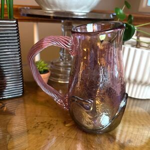 Vintage Hand Blown Glass Iridescent Purple Pitcher, Studio Art Glass, 6.5" tall